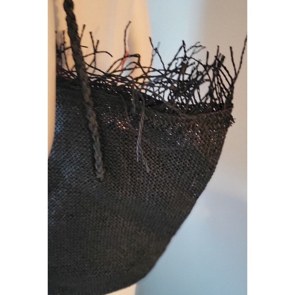Woven Black Handbag Purse 100% Paper Black Frayed Beach Bag Snap Closed Zip... - Picture 3 of 15